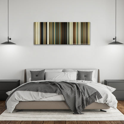 No Country for Old Men color palette canvas above a bed, between two black pendant lamps