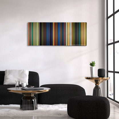 Kung Fu Panda color palette canvas above a black sofa with a gold-topped table