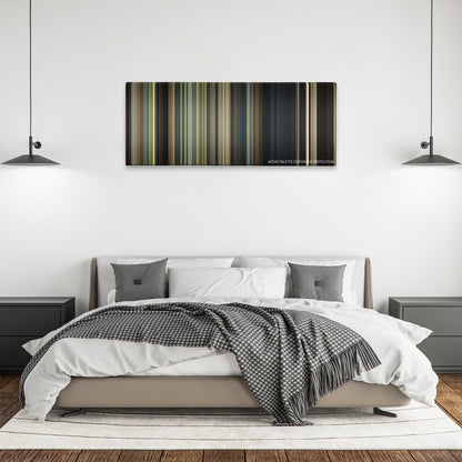 Ride Along color palette canvas above a bed, between two black pendant lamps