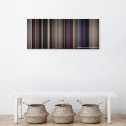 The Blues Brothers color palette canvas above a white bench with three woven baskets