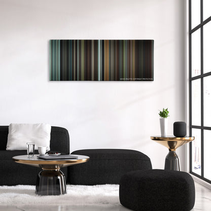 Hannibal Rising color palette canvas above a black sofa with a gold-topped table