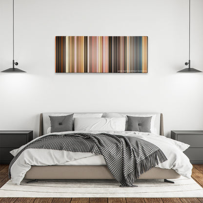 The Three Musketeers color palette canvas above a bed, between two black pendant lamps