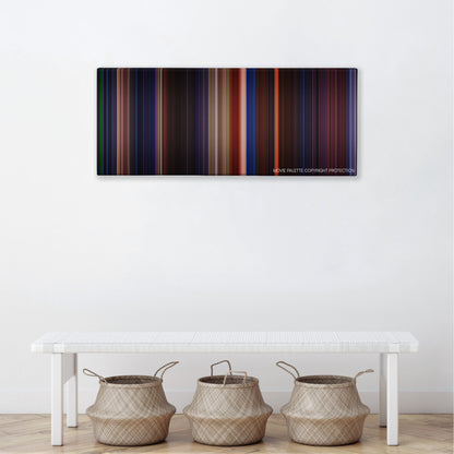 Mortal Kombat color palette canvas above a white bench with three woven baskets
