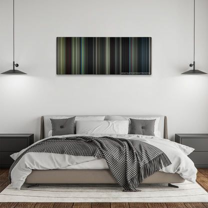 The Maze Runner color palette canvas above a bed, between two black pendant lamps