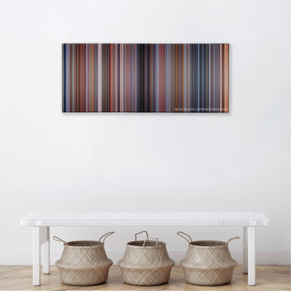 Paycheck color palette canvas above a white bench with three woven baskets