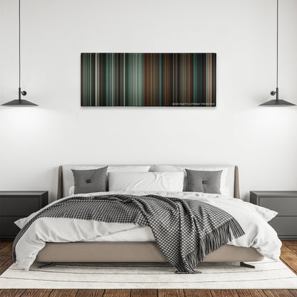 Safe color palette canvas above a bed, between two black pendant lamps