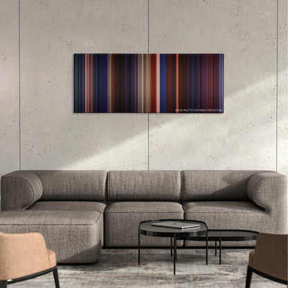 Mortal Kombat color palette canvas on a concrete wall above a gray sectional sofa