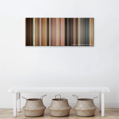 The Three Musketeers color palette canvas above a white bench with three woven baskets