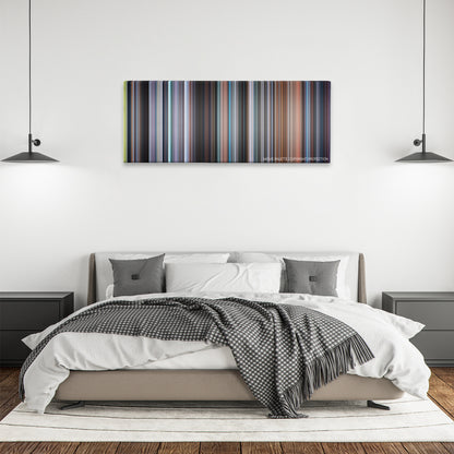 August Rush color palette canvas above a bed, between two black pendant lamps