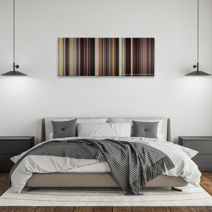 The Karate Kid color palette canvas above a bed, between two black pendant lamps