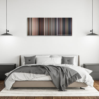 Paul Blart: Mall Cop color palette canvas above a bed, between two black pendant lamps