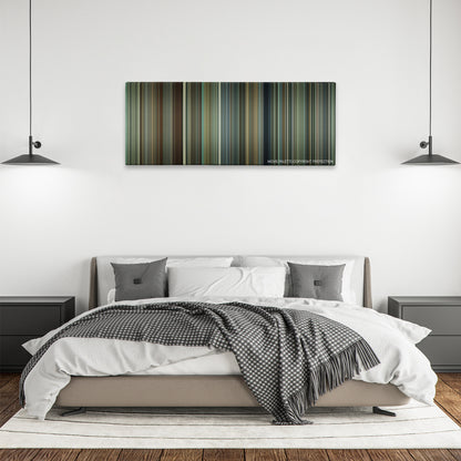 The Iron Lady color palette canvas above a bed, between two black pendant lamps