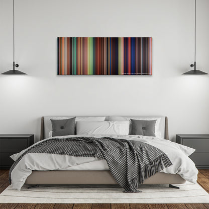 Tangled color palette canvas above a bed, between two black pendant lamps