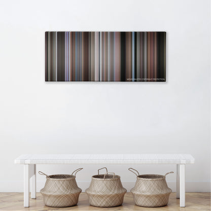 To Catch a Thief color palette canvas above a white bench with three woven baskets