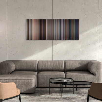 Paul Blart: Mall Cop color palette canvas on a concrete wall above a gray sectional sofa