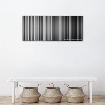 La Haine color palette canvas above a white bench with three woven baskets