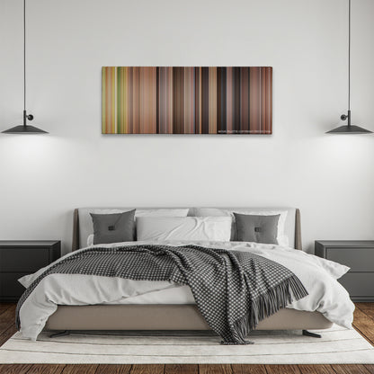 A Knight's Tale color palette canvas above a bed, between two black pendant lamps