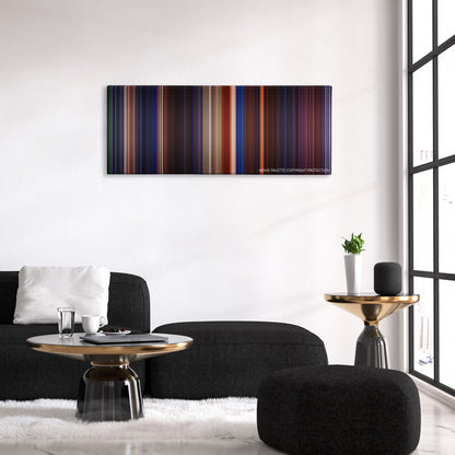 Mortal Kombat color palette canvas above a black sofa with a gold-topped table