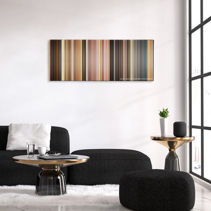 The Three Musketeers color palette canvas above a black sofa with a gold-topped table