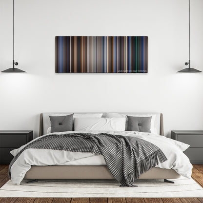 Patriot Games color palette canvas above a bed, between two black pendant lamps
