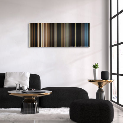 Allied color palette canvas above a black sofa with a gold-topped table