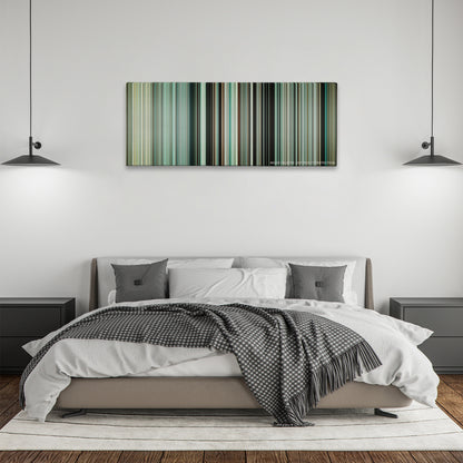 Dunkirk color palette canvas above a bed, between two black pendant lamps