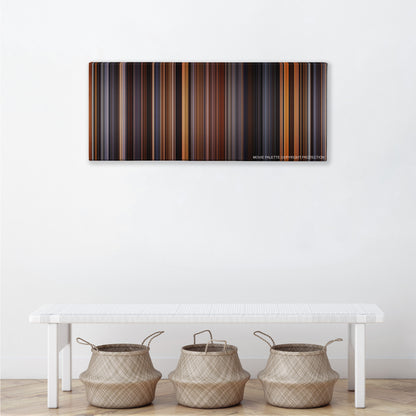 The English Patient color palette canvas above a white bench with three woven baskets