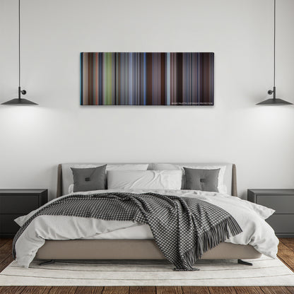 About a Boy color palette canvas above a bed, between two black pendant lamps