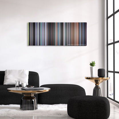 August Rush color palette canvas above a black sofa with a gold-topped table