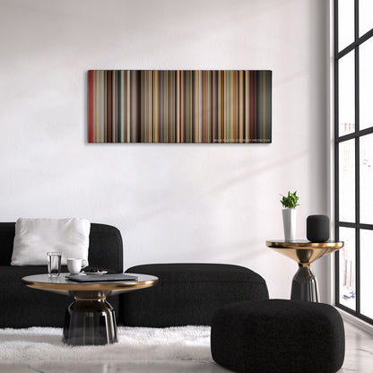 We Need to Talk About Kevin color palette canvas above a black sofa with a gold-topped table