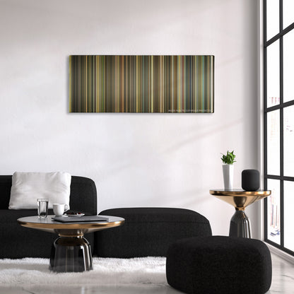 Ray color palette canvas above a black sofa with a gold-topped table