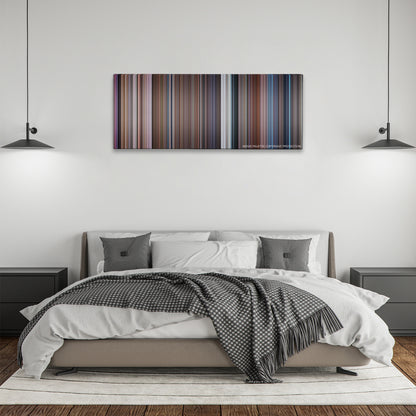 Death Becomes Her color palette canvas above a bed, between two black pendant lamps