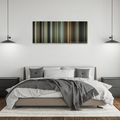 Black Mass color palette canvas above a bed, between two black pendant lamps