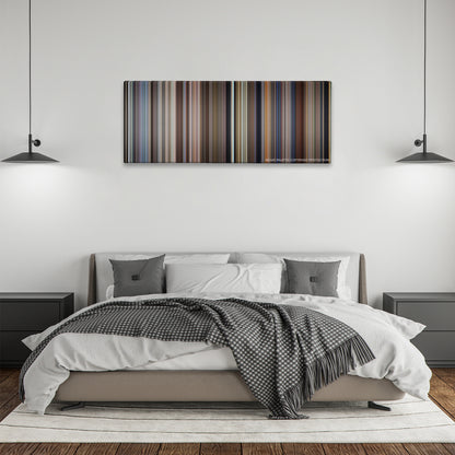 City of Angels color palette canvas above a bed, between two black pendant lamps