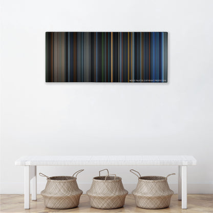 Fantastic Four color palette canvas above a white bench with three woven baskets
