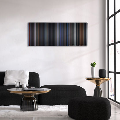The Grudge color palette canvas above a black sofa with a gold-topped table