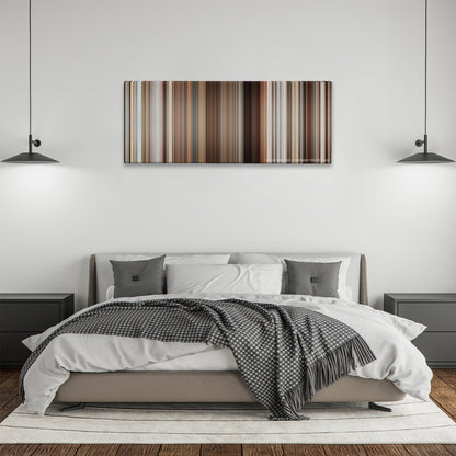 Stranger Than Fiction color palette canvas above a bed, between two black pendant lamps