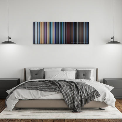 Valerian and the City of a Thousand Planets color palette canvas above a bed, between two black pendant lamps