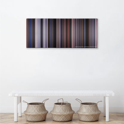 12 Monkeys color palette canvas above a white bench with three woven baskets