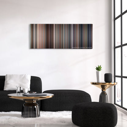 Paul Blart: Mall Cop color palette canvas above a black sofa with a gold-topped table