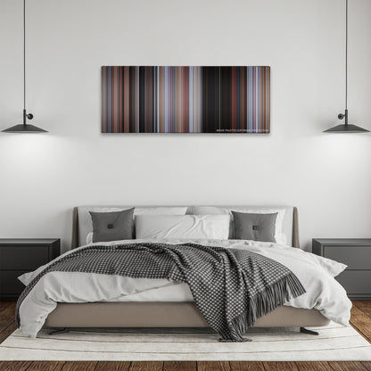 Planes, Trains & Automobiles color palette canvas above a bed, between two black pendant lamps