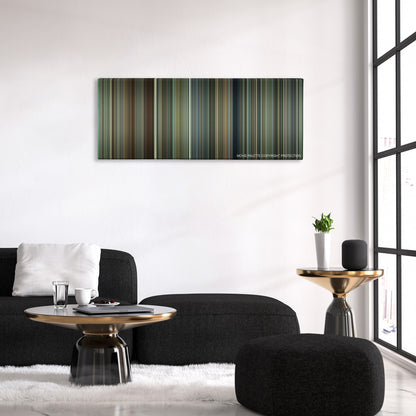 The Iron Lady color palette canvas above a black sofa with a gold-topped table