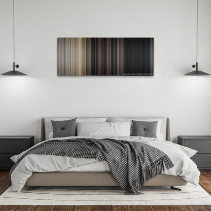 Dazed and Confused color palette canvas above a bed, between two black pendant lamps