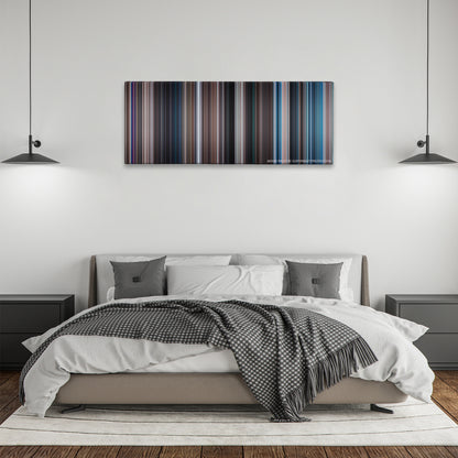 Thunderball color palette canvas above a bed, between two black pendant lamps
