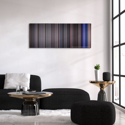 School of Rock color palette canvas above a black sofa with a gold-topped table
