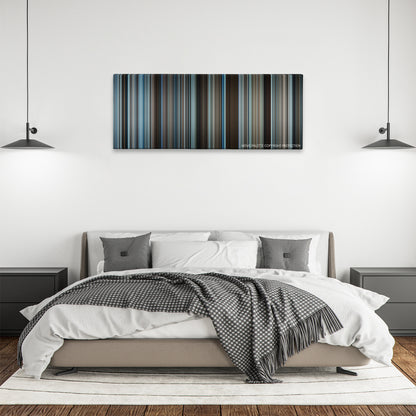 The Foreigner color palette canvas above a bed, between two black pendant lamps
