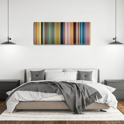 The Good Dinosaur color palette canvas above a bed, between two black pendant lamps