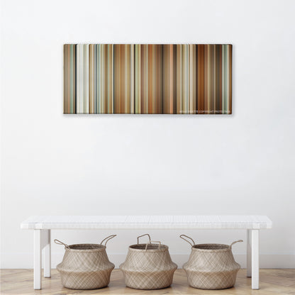 The Holiday color palette canvas above a white bench with three woven baskets
