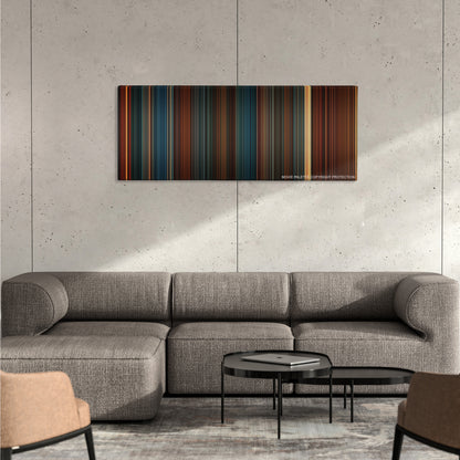 Hellboy II: The Golden Army color palette canvas on a concrete wall above a gray sectional sofa