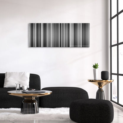 Seven Samurai color palette canvas above a black sofa with a gold-topped table